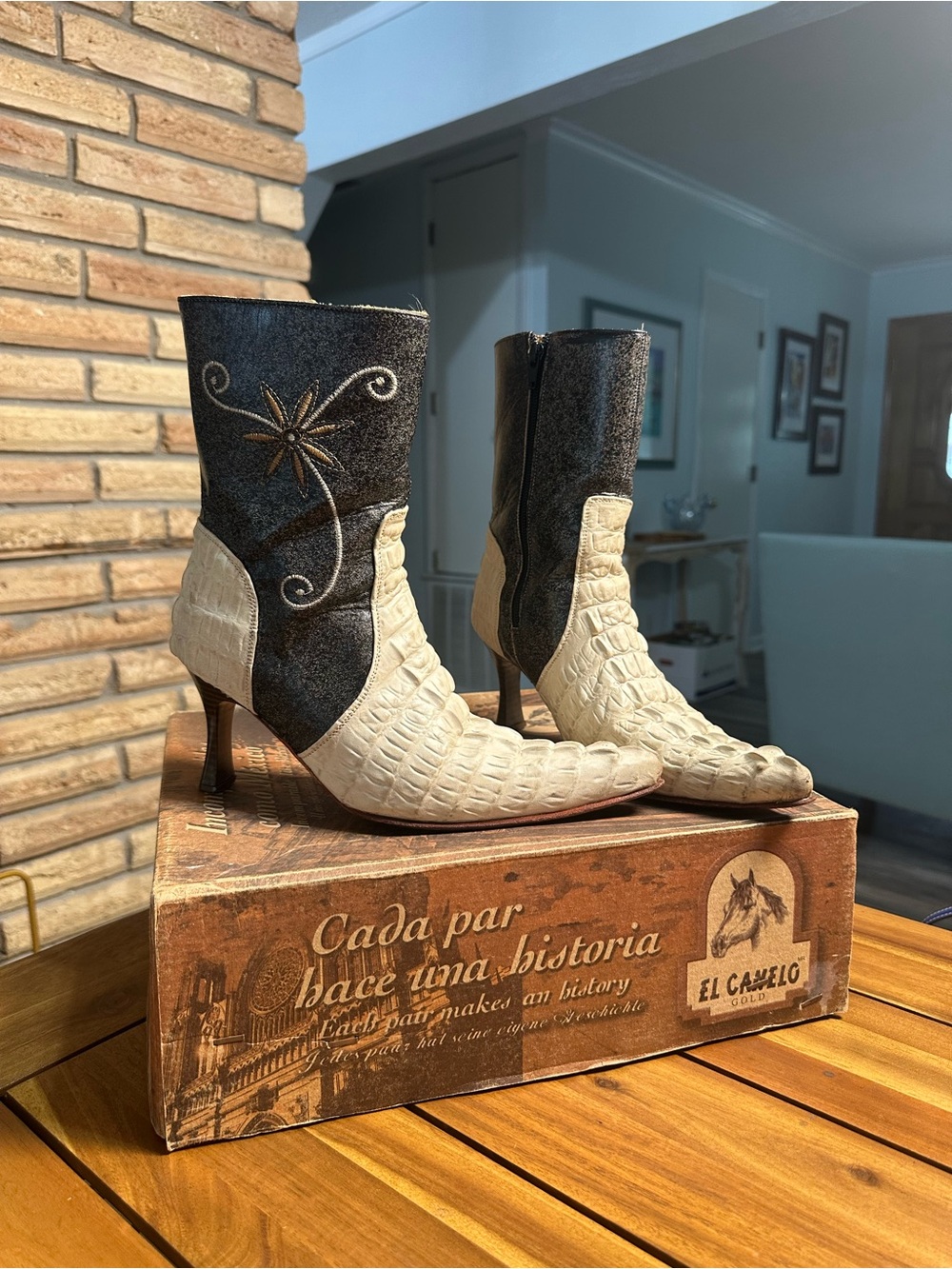 Distressed black and cream croc embossed leather western heeled boots